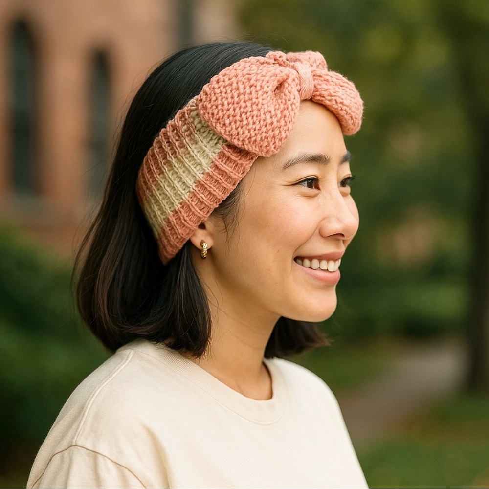 Headband Bow Hand Crafted Peach Cream Brown Cotton Summer